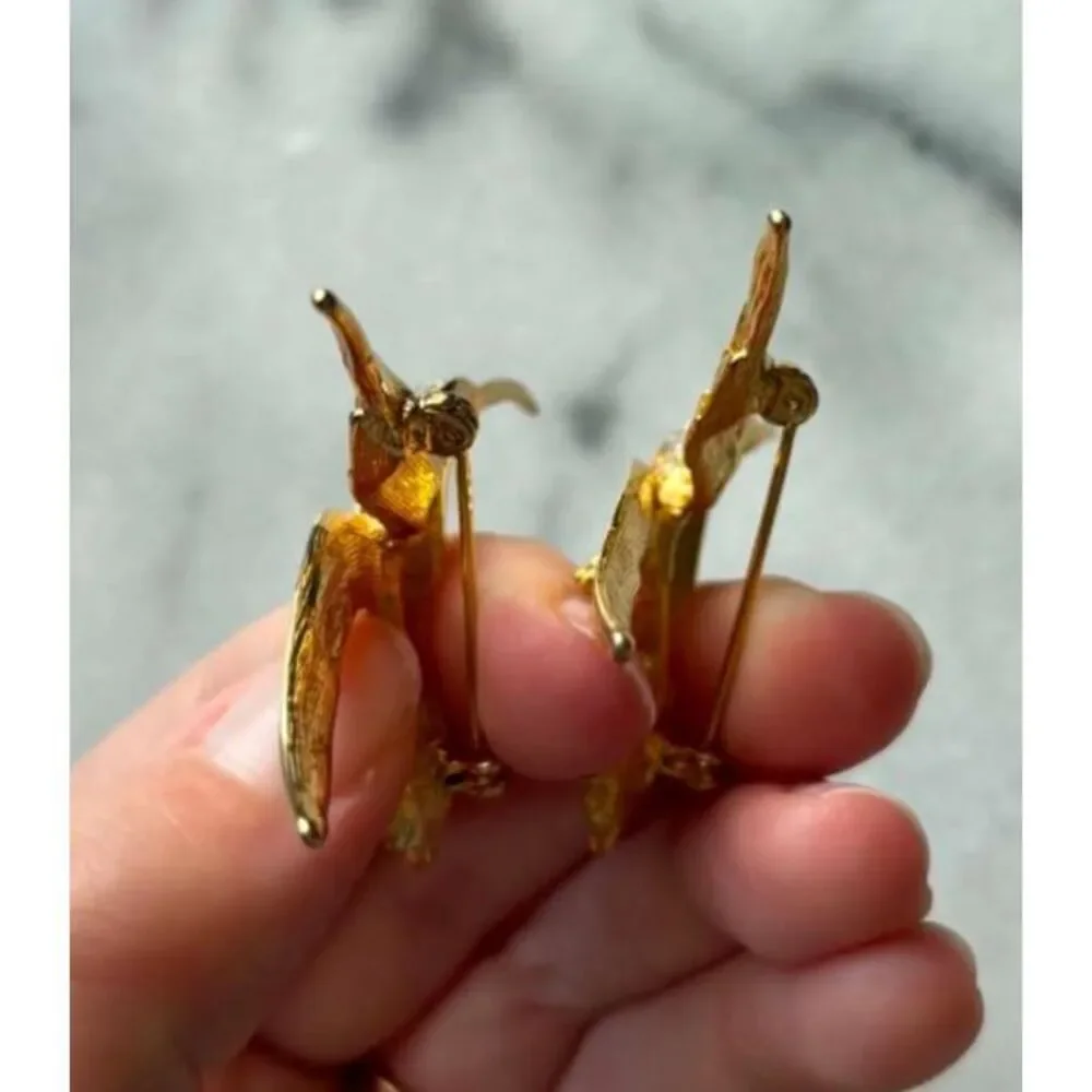 Vintage Gold Tone Hummingbird Brooches Pins Rhinestones Red Eye 1960s Lot of 2